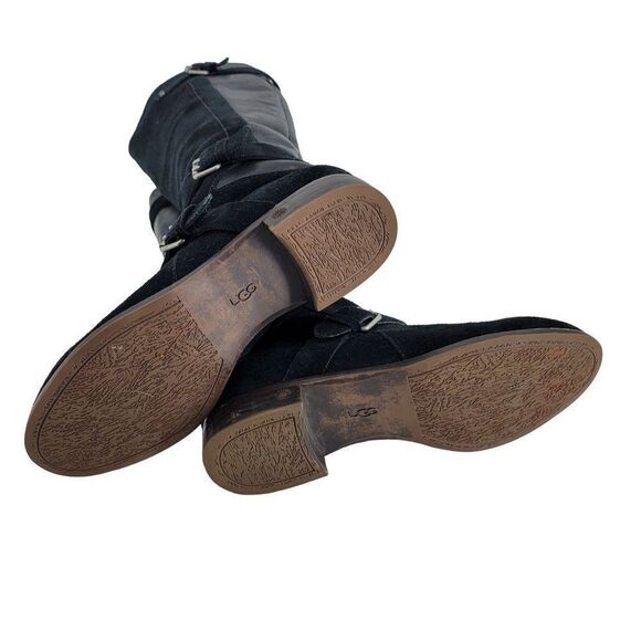 Ugg Cydnee Boots 8.5 Black Leather Knee High Buckle Sheepskin Shearling Stretch - Picture 12 of 17